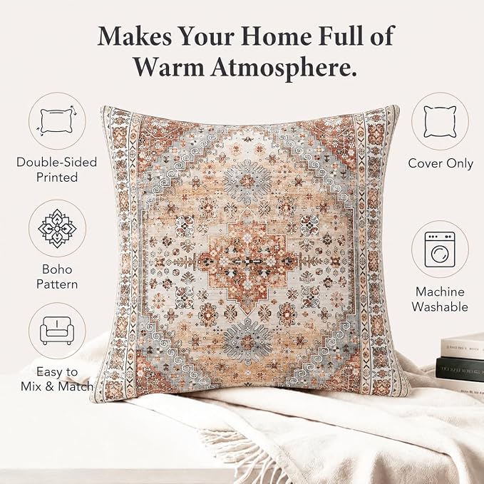 Boho Throw Pillow Covers 18x18 inch Set of 2,Soft Pillowcases Bohemia Carpet Printing Pattern Decorative Sofa Living Room Bed Square Pillow Case Cushion Cover-Orange Grey
