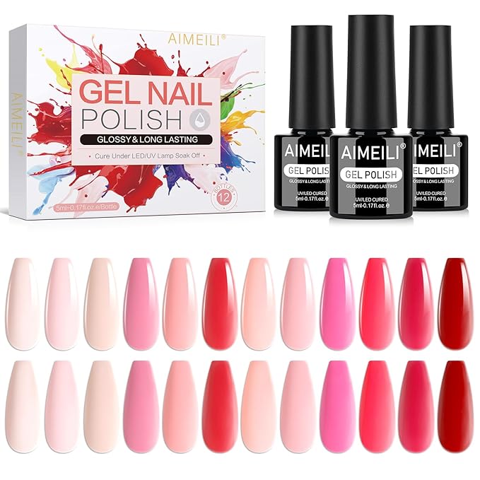 AIMEILI Nude Pink Gel Nail Polish Set 12pcs, Hema Free, Cruelty Free, Vegan, Soak Off U V LED Nail Art Manicure Salon DIY for Women - Kit 32