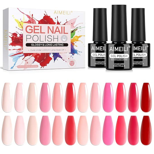 AIMEILI Nude Pink Gel Nail Polish Set 12pcs, Hema Free, Cruelty Free, Vegan, Soak Off U V LED Nail Art Manicure Salon DIY for Women - Kit 32