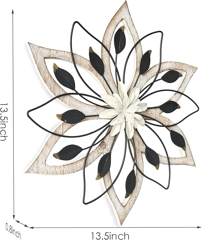 Remenna Whitewash Flowers Wood Wall Decor, Metal Rustic Wall Art Farmhouse Wall Decorations Multiple Floral Hanging Decor for Bathroom Living Room Home Office Garden Kitchen