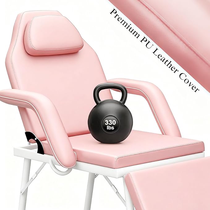 Portable Tattoo Chair, Adjustable Massage Facial Bed with Removable Headrest & Armrest, Foldable Spa Chair with Carry Bag, 73 Inch Esthetician Bed for Salon Beauty Barber Spa Tattoo (Pink)