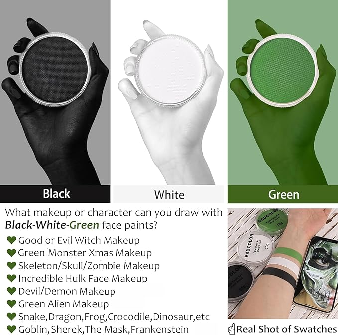 White Black Green Face Body Paint with Painting Brushes Halloween Makeup Set, Water Based Facepaint for Kids Adults Party for Witch Shrek Alien Grinch Hulk Costume Cosplay Special Effects Make Up