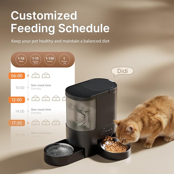Automatic Cat Feeder and Water, 5G WiFi App Control Cat Dry Food Dispenser | 2-in-1 Auto Cat Feeder, 10s Voice Recording, 4L Food & 3L Gravity Waterer, 10 Meal 1-15 Portion Programmable for Multiple Pet