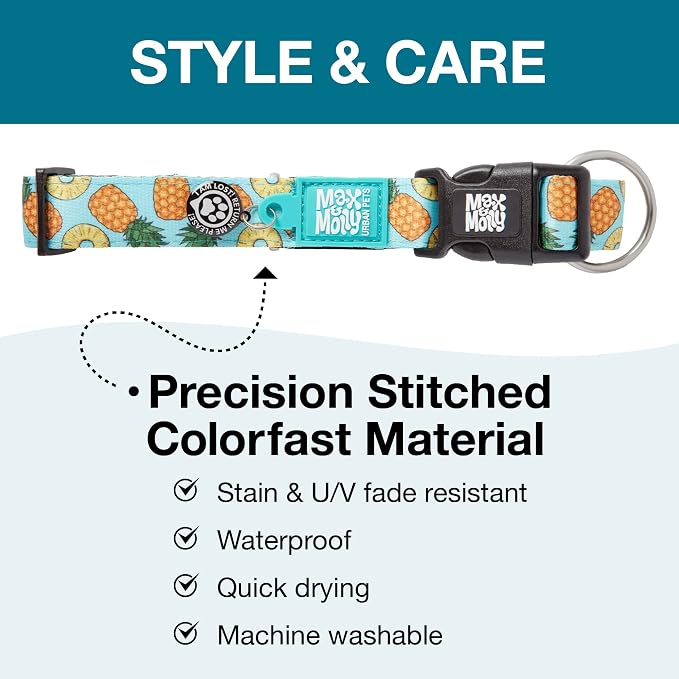 Max & Molly Urban Pets Fashion Smart ID Dog Collar, Anti-Fade, Adjustable Sizing w/Pet Profile Smart ID QR-Tag, Waterproof & Machine Washable, Sweet Pineapple Design Large (Neck Size 15-25")