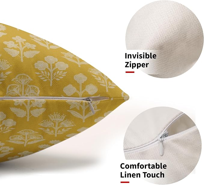 Yellow Pillow Covers 12x20 Inch Set of 2, Cream Floral Block Print Pattern Lumbar Decorative Throw Pillowcases Outdoor Farmhouse Rectangle Cushion Covers Spring Summer Sofa Couch Bed Decor