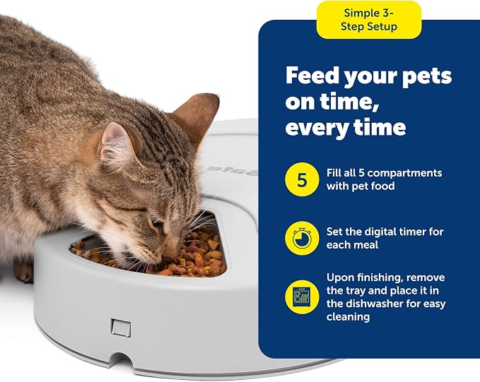PetSafe Automatic Dog Feeder, 5 Meals, 40 oz Capacity, Plastic, for Dry Food, Multiple Pets | Schedules up to 5 Meals/Treats, Each Compartment Holds 1 Cup, Feed-Now Button, Dishwasher-Safe Tray