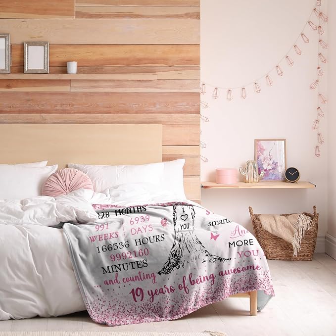 Vuinezo 19th Birthday Gifts for Girls Blanket 50"X60", Gifts for 19 Year Old Female, 19th Birthday Decorations, Sweet 19 Year Old Girl Birthday Gifts, 19 Year of Being Awesome