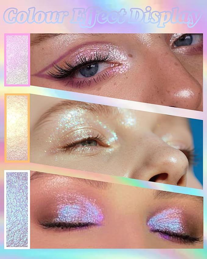 Glitter Holographic Eyeshadow Palette Multichrome Gold Sliver Chameleon Face Highlighter, Sparkling Cream Color Shifting Single Eye Shadow Long Lasting Shimmer Inner Corner Eye Brightener Makeup-03