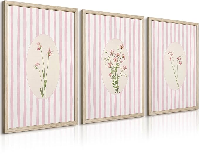 Pink Flower Wall Art Striped Floral Prints Botanical Canvas Wall Decor Aesthetic Pictures Pastel Pink Floral Poster Minimalist Flower Painting for Girl Room 16x24 Inch Framed Set of 3