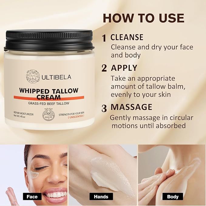 100% Grass-Fed Handmade Beef Tallow for Skin Care, Whipped Tallow and Honey Balm for Body ＆ Face Natural Body Cream for Dry & Sensitive Skin, 4OZ (Unscented)