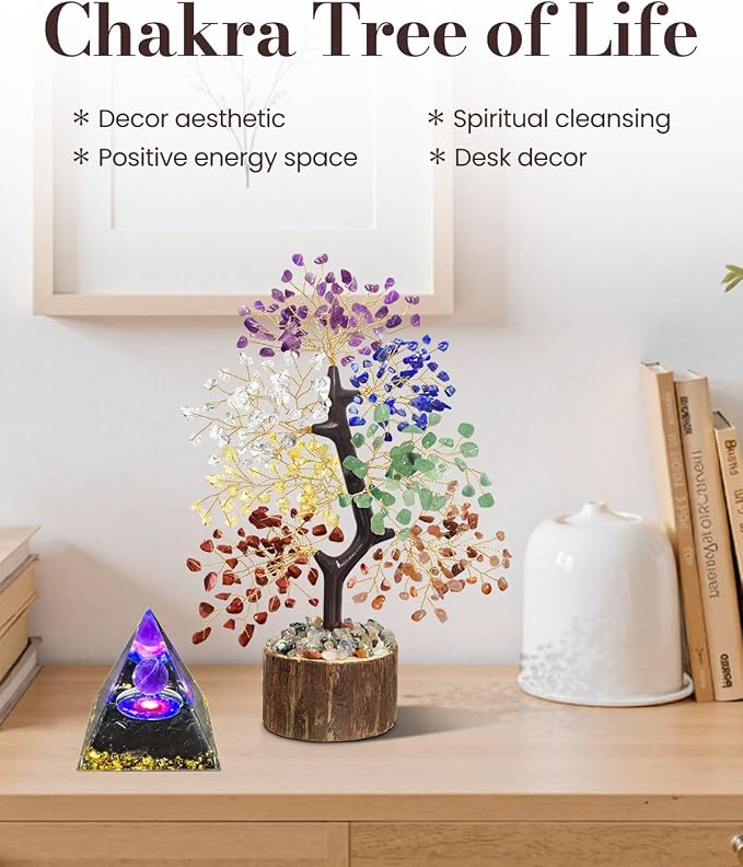 7 Chakra Crystal Tree of Life with Orgonite Pyramid (Set 2) - Unique Birthday Gifts for Women, Valentine's Day New House Warming Gifts, Chakra Trees Healing Positive Energy for Home Office Desk Decor