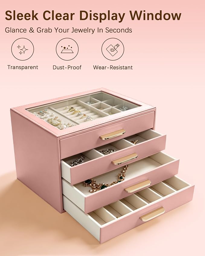 Homeanda Jewelry Boxes Organizer with Glass Lid, 4-Layer PU Leather, Pink | Modern style display case with 4 drawers for daily jewelry, women, mom or girl gift