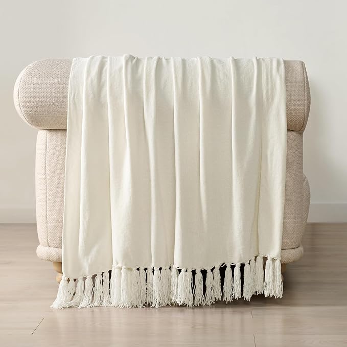 Chenille Knit Throw Blanket for Couch, 60"x80", Ivory White | Cozy Plush Fuzzy Knittd Throw with Tassels, Lightweight, Decorative, Farmhouse Decor, Ideal for Bed Sofa Gift, All Seasons