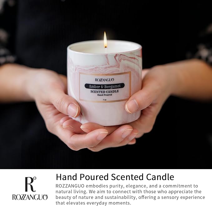 Luxury Marble Jar Scented Candle | Women Men | Non Toxic 100% Natural Coconut & Soy Wax Blend Cotton Wick | Hand Poured Highly Scented Long Lasting (Amber & Bergamot, 7 Ounces)