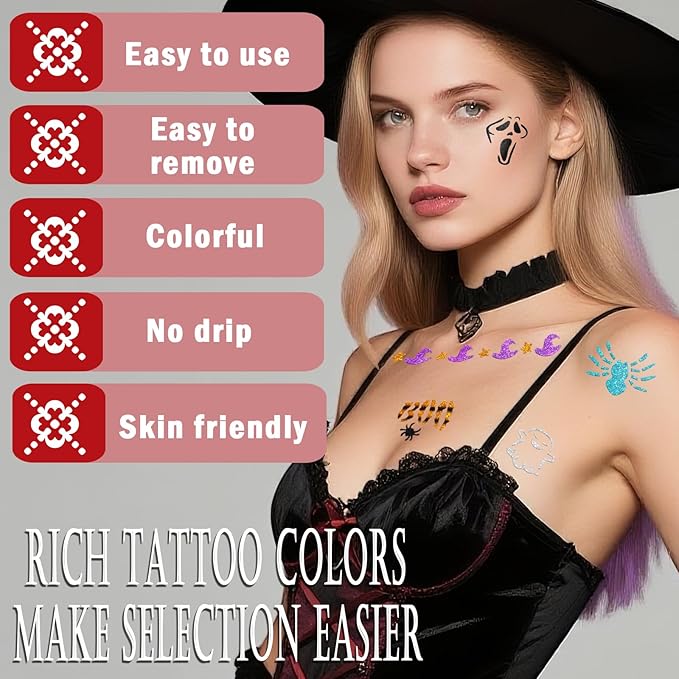 Temporary Tattoo Markers, 12 Metallic Markers and 135 Halloween Tattoo Stencil Designs, Cosmetic Tattoos Pens for Halloween Party Faovr