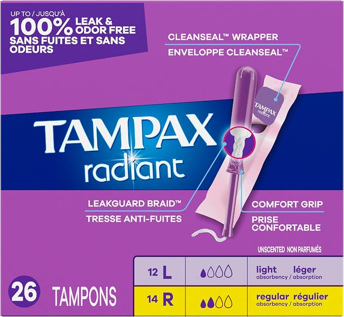 Tampax Radiant Tampons Multipack, with LeakGuard Braid, Light/Regular Absorbency, Unscented, 26 Count, Packaging May Vary