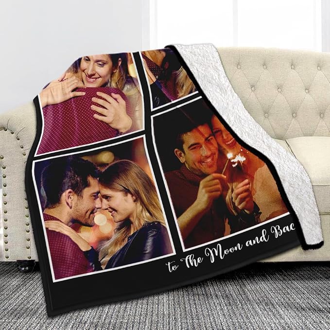 Ships Next Day, Custom Sherpa Fleece Blanket with Photos Text Soft Warm Custom Blanket Personalized Couples Gifts for Boyfriend Girlfriend Customized Picture Blanket Gifts for Christmas Valentines Day