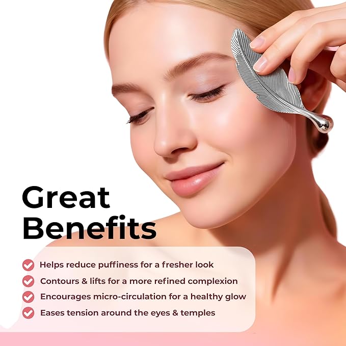 Nebulúr Feather 304 Stainless Steel Gua Sha & Facial Cleansing Tool, 75 g — Non-Porous Cool-Touch Face Massager with Eye-Safe Curved Tip, Micro-Buffing Ridges, Gift-Ready Box