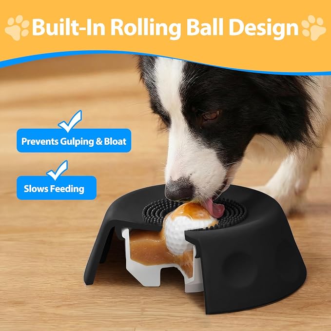 Dog Licking Bowl with Rolling Ball - Slow Feeder Dog Lick Bowls for Yogurt Liquid Treat, Anti-Slip Entertained Bone Broth 5/6 Cup Pup Licking Toy for Large Medium Small Pet Cats Dietary Black