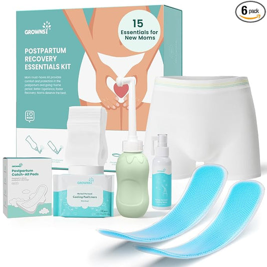 Grownsy 15pc Postpartum Essentials Recovery Kit | Postpartum Kit for Women | Includes 5 Postpartum Pads, 5 Disposable Underwear, 2 Ice Packs, Peri Bottle, Perineal Spray & 28 Cooling Pad Liners