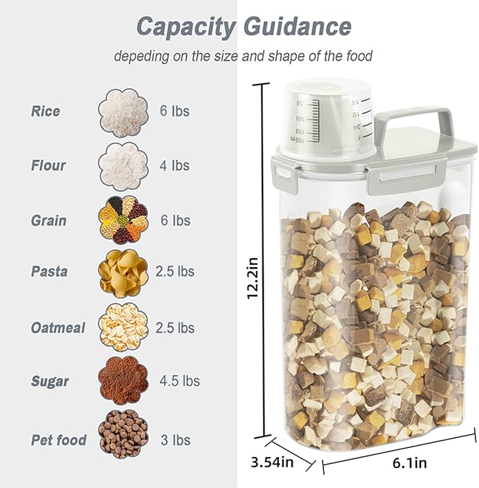 LEAWALK Airtight Rice Storage Container, Cereal Dry Food Flour and Sugar Bin, Dog Cat Food Dispenser with Measuring Cup, BPA Free Clear Plastic Kitchen (White x 2, 3L-2pack)