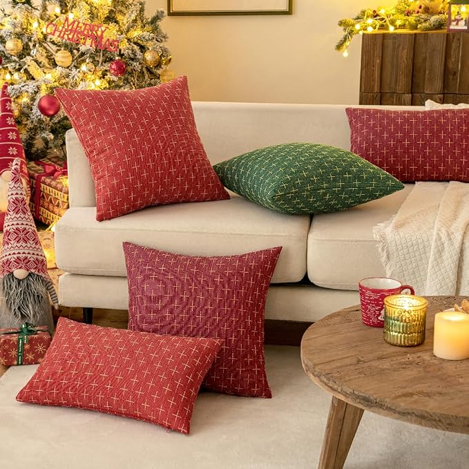 MIULEE Pack of 2 Christmas Decorative Burlap Linen Throw Pillow Covers Modern Farmhouse Pillowcase Rustic Woven Textured Cushion Cover for Sofa Couch Bed 18x18 Inch Wine Red
