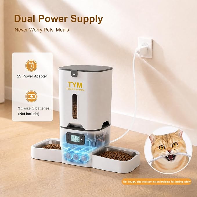Automatic Cat Feeder 2 Cats, 7L Dry Cat Food Dispenser with Double Bowls | Multi-pet Household | Large Capacity Grain Storage Box | Anti Food Stealing | Weight / Diet Control | Fresh Food | Dual Power