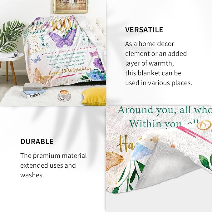Gifts for 100 Year Old Woman, 100th Birthday Present for Women, 100th Birthday Gift Ideas, Present for Women 100yr Bday, Happy 100 Bday Decorations for Woman Throw Blanket 50"X60"