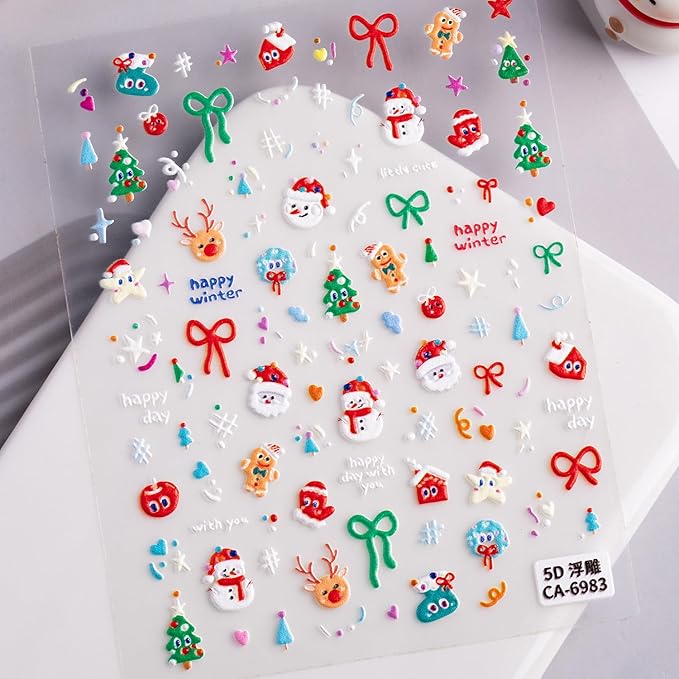 Christmas Nail Stickers for Nail Art, 5D Embossed Self-Adhesive Star Trees Bow Nail Decals, Mushroom Nail Supplies Nail Art Design Accessories for Women and Girls Manicure DIY Decoration