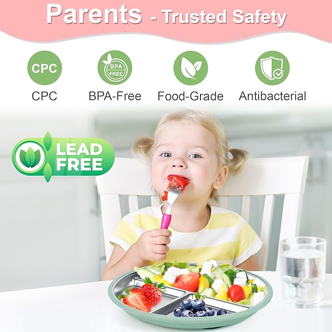 Stainless Steel Toddler Plates Silicone Suction,3 Packs Non-Slip Baby Plates,Divided Portion,Food-Grade Silicone Plate for Kids,LEAD-FREE Dishwasher Safe,Blue Mint Green Grey