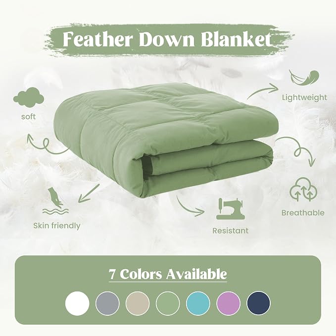 puredown® Soft Feather Down Blanket Lightweight Packable Down & Feather Fill Blanket for Indoor and Outdoor Use, King Size Blankets,88"X108", Sage Green