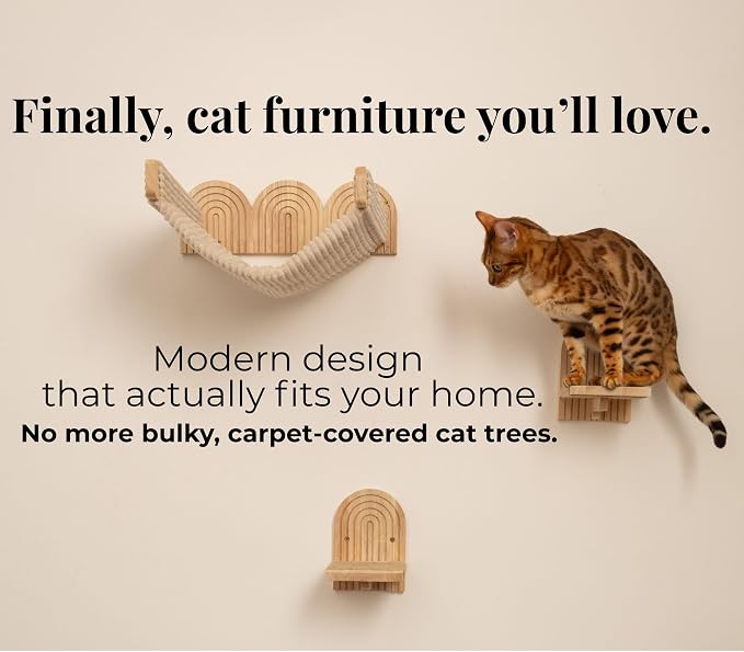 Wall Mounted Cat Hammock Bed with Steps - Wooden Wall Shelf for Cats - Paintable Natural Rubberwood - The Perfect Perch for Cats & Kittens