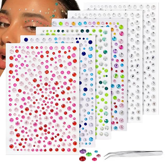 Self Adhesive Face Gems for Makeup, Festival Jewels, Hair Gems, Rhinestone Stickers for Face, Eye, Makeup, Body (mixcolor_6pcs)