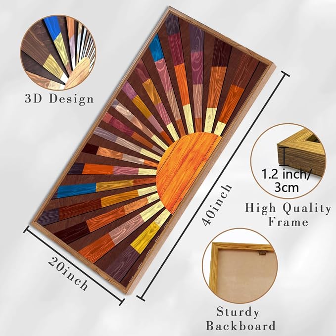 IARTTOP Extra Large Wood Sun Framed Wall Art 20x40 Inch Boho Sunrise 3D Geometric Wall Decor Mid century Sunshine Painting for Living room Bedroom Dining room Single