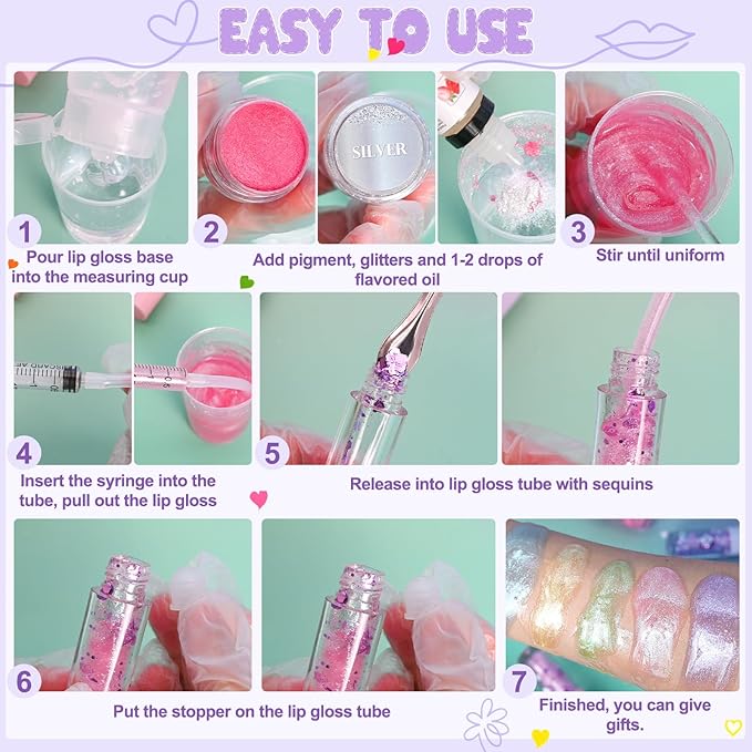 Jcoos 55PCS Lip Gloss Making Kit, Fun Lip Gloss Kit to Make Your Own Lip Gloss for Girls, Women, Teens with Moisturizing Lipgloss Base, Tubes, Pigments Lipgloss Set Christmas Gift for Women