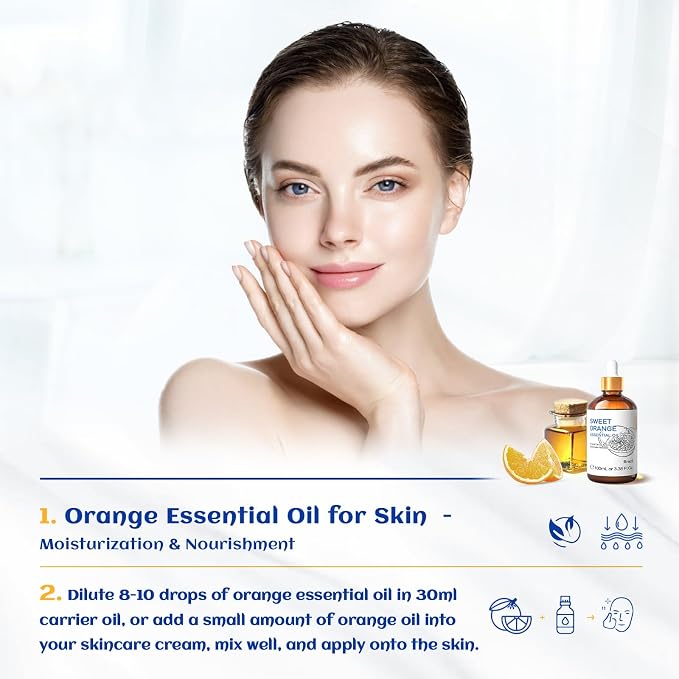 HIQILI 100ML Orange Essential Oil for Air Freshener, DIY Soap, Skin Care, Can be Added to Diffusers, Dryer Balls, Lotions for Use - 3.38 Fl Oz | Aromatherapy for Diffusers & Air Freshening, Skin Care, DIY for Cleaning Spray, Hand Soap, Candle & Soap