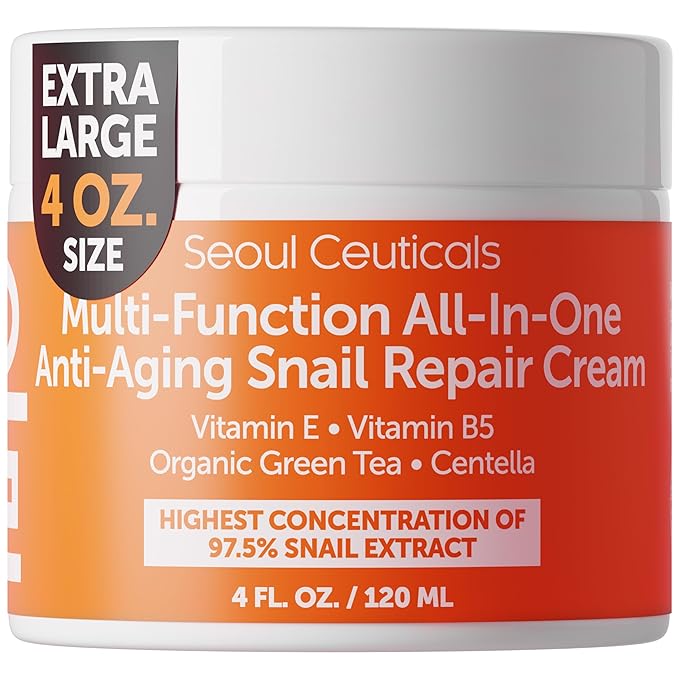 SeoulCeuticals Large 4oz 97.5% Snail Mucin Moisturizer Cream Korean Skin Care - K Beauty Skincare Day & Night Snail Repair Cream Filtrate Cruelty Free
