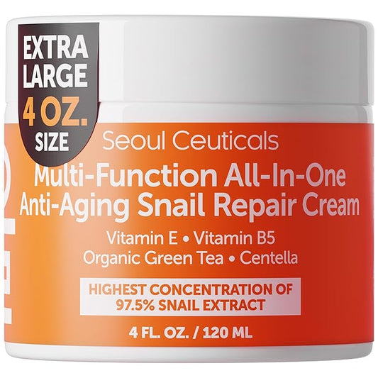 SeoulCeuticals Large 4oz 97.5% Snail Mucin Moisturizer Cream Korean Skin Care - K Beauty Skincare Day & Night Snail Repair Cream Filtrate Cruelty Free