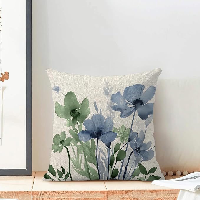 Spring Floral Pillow Covers 20x20 Inches Set of 2 Green Blue Floral Throw Pillow Cover Outdoor Rustic Summer Flower Decoration Pillowcase Farmhouse Square Decorative Cushion Cover For Home Sofa