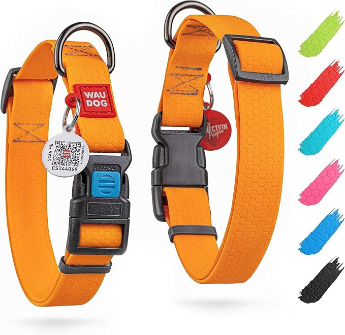 WAUDOG Waterproof Dog Collar Airtag Holder QR Tag Small Medium Large Dogs | Water and Dirt Resistant, Quick Dry QR Pet Tag Adjustable Durable Comfort for Male and Female Dogs Outdoor Walking Training