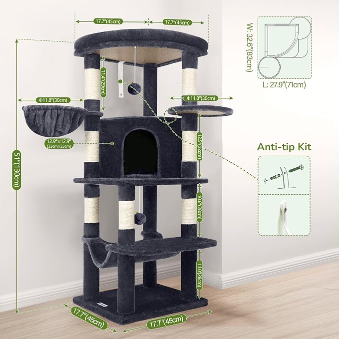 Globlazer Corner Cat Tree Tower with Scratching Post, C51, Dark Grey | 51in Space-Saving Multi-Level Cat Condo for Indoor Cats with Hammock, Large Top Perch for Large Cats, Cozy Cat Cave