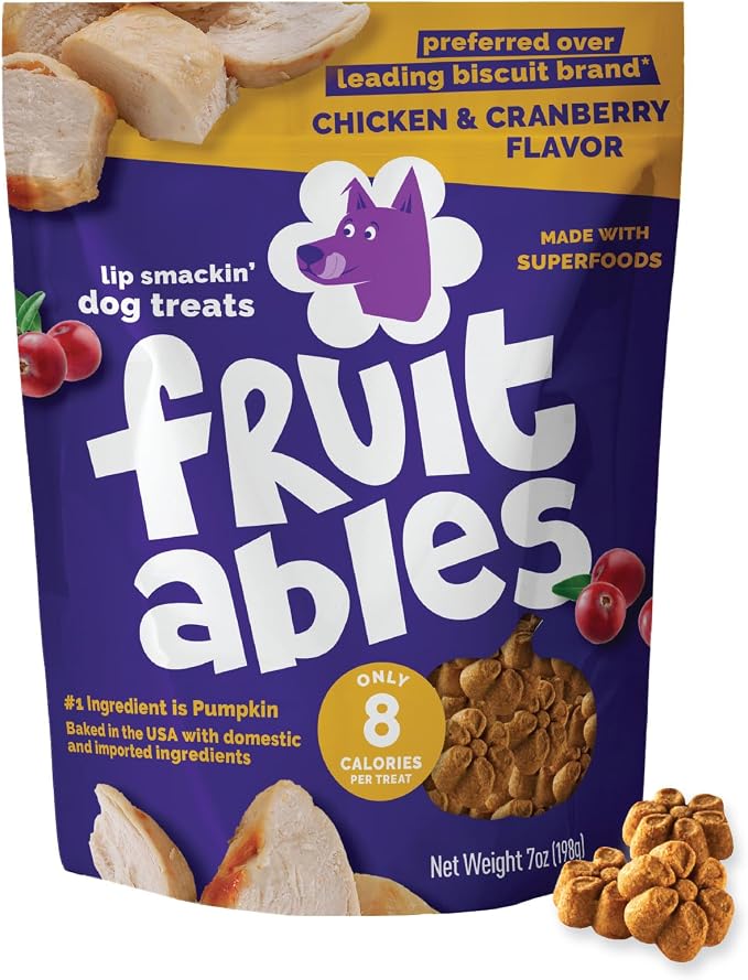 Fruitables Baked Dog Treats, Healthy Pumpkin Treat for Dogs, Low Calorie & Delicious, Made Without Wheat, Corn and Soy, Made in The USA, Allergy Friendly, Chicken and Cranberry Flavor, 7 oz | Healthy Dog Treats, Training Treats, Crunchy Dog Biscuits, L...