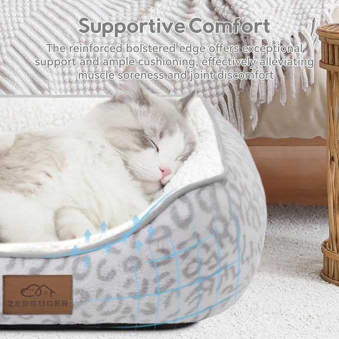 Zerbuger 20in White Leopard Rectangle Cat Dog Bed Machine Washable Sofa | Sleeping for Large Medium Small Pets Indoor Outdoor, Non-Slip Bottom Soft Puppy Bed Durable Orthopedic Calming Pet Cuddler