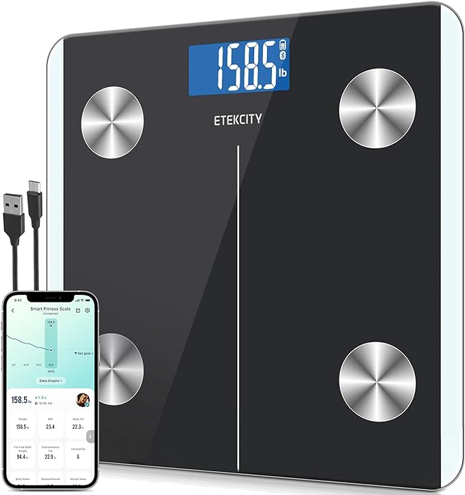 Etekcity Rechargeable Smart Scale for Body Weight, Digital Bathroom Scale with BMI, Body Fat, Muscle Mass, Accurate Weighing Machine for People Sync with Smartphone App, 400lb