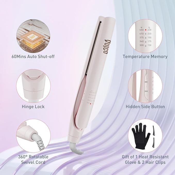 Quico Upgrade Hair Straightener, 100-240V Dual Voltage Travel Hair Straightener and Curler with 15s Heat Up, Professional Negative Ion Ceramic Flat Iron for Less Frizz, 5 Temp & Auto Shut-Off, Pink