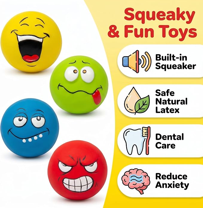 Squeaky Dog Toys, Funny Face Latex Rubber Interactive Dog Balls, Soft Chew Fetch Play Toys for Puppy Small Medium Dogs, 4PCS