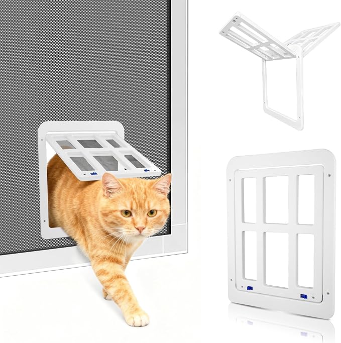 LESYPET Cat Screen Door, Inside Flap 10.3 x 8.3 Inches, Magnetic Self Closing, Cat Door for Screen Doors Sliding Doors, Flap Lockable, White