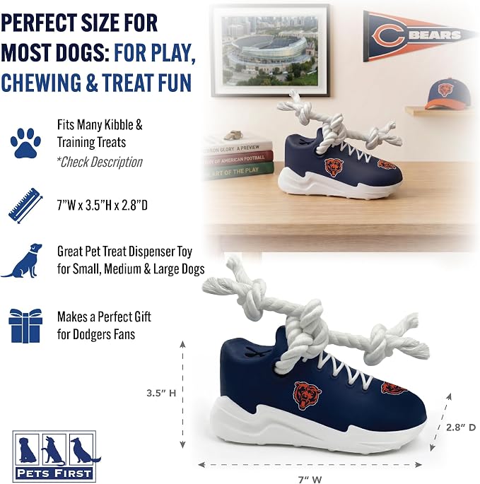 Pets First NFL Chicago Bears Cleat Sneaker Spike Dog Toy, Football Treat Dispenser Chew Toy for Dogs, Interactive Rope Tug Toy, Slow Feeder Natural Rubber Dog Toy with Official Team Logo