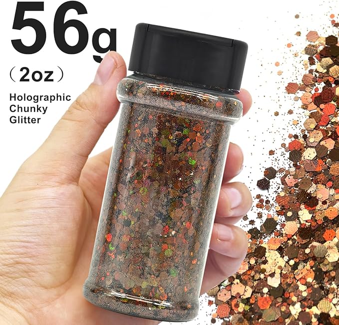 Coffee - Brown Holographic Craft Glitter - 2oz Glitter Shaker Bright Colorful Mix Chunky Body Glitter Bulk - 24 Colors in Shaker, Cosmetic Grade Glitter - EBLB406