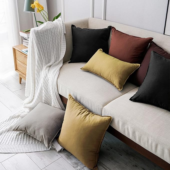 Jeanerlor 24" x 24" Natural Cotton Linen Soft Soild Decorative Square Throw Pillow Covers Green Set Cushion Case for Sofa Bedroom Car 60 x 60cm, Black